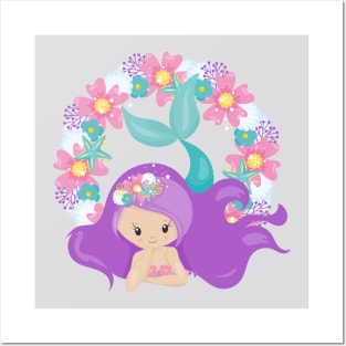 Cute Mermaid, Little Mermaid, Purple Hair, Flowers Posters and Art